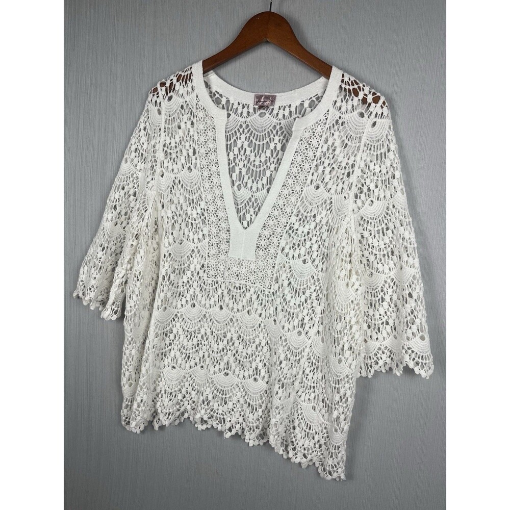 Boho Coastal Grandma Lace Tunic Top M/L Juniper Lane Cottagecore Coverup GUC
